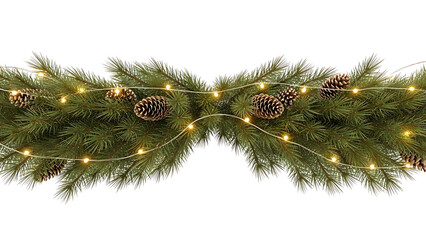 Festive christmas garland with pine cones and string lights decoration