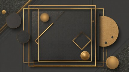 Holiday party invitation template with gold frame on dark background and geometric shapes