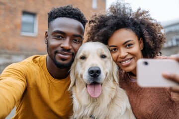 African American couple taking a playful selfie with their golden retriever while walking outdoors, capturing joyful moments and companionship in a vibrant urban setting