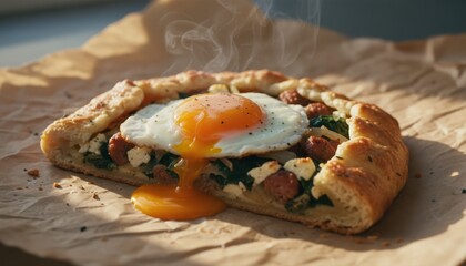 Hot savory breakfast galette with sausage, spinach, and feta cheese is topped with a steaming fried egg with a runny yolk, all bathed in warm morning sunlight