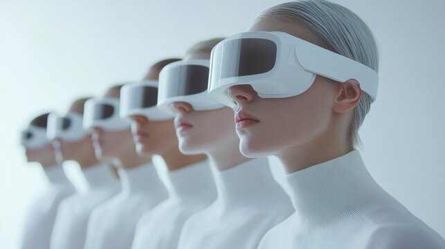 Group of woman wearing virtual reality headset. Metaverse with future technology. Augmented reality and simulation of future world for business innovation.