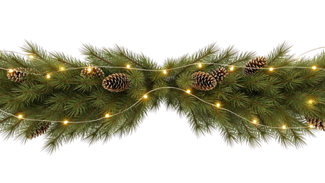 Festive christmas garland with pine cones and string lights decoration