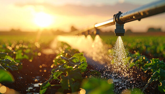 Watering the Earth: An agricultural irrigation system nourishes verdant crops under a radiant sunrise, a symbol of sustainable food production and environmental harmony.