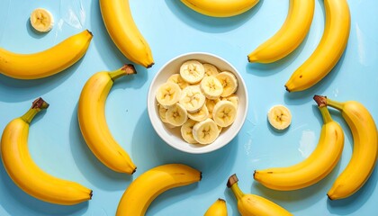 Vibrant Arrangement of Ripe Bananas and Banana Slices on a Bright Blue Surface