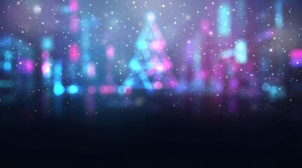 Abstract neon Christmas tree bokeh background with falling snow and blurred city lights