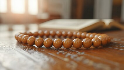 A string of light brown wooden prayer beads rests on a polished wooden surface near an open book, suggesting a moment of peaceful reflection
