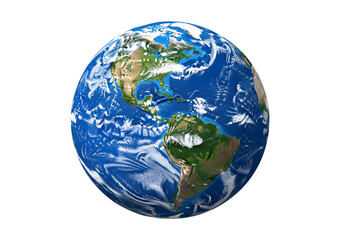 Fototapeta premium Realistic globe of planet Earth showing the Americas, with clouds and blue oceans. Isolated on transparent background, png