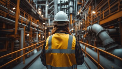 A female engineer wearing a hardhat and safety vest inspects industrial pipelines in a refinery