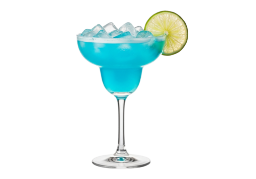 Icy blue margarita cocktail with lime garnish for summer refreshment and fun, isolated on a transparent PNG background.