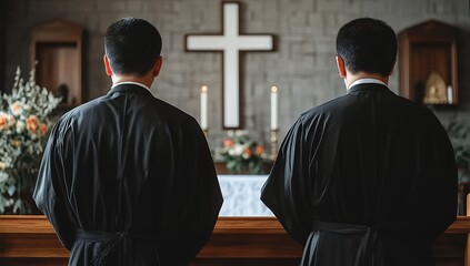 Two monks stand silently in prayer before a crucifix in a simple church sanctuary