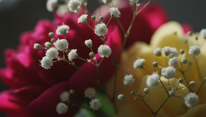 Obraz premium Delicate white gypsophila flowers with tiny dew drops in a beautiful floral arrangement with soft focus pink and yellow blossoms creating a romantic and gentle mood