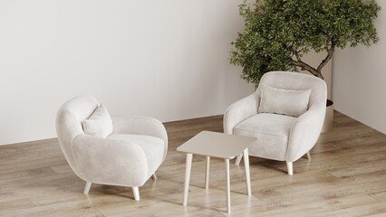 Pastel light color - interior lounge accent. Neutral elegant panton color of the year 2026 cloud dancer of walls and furniture armchairs.  Living modern stylish room interior mockup design. 3d render