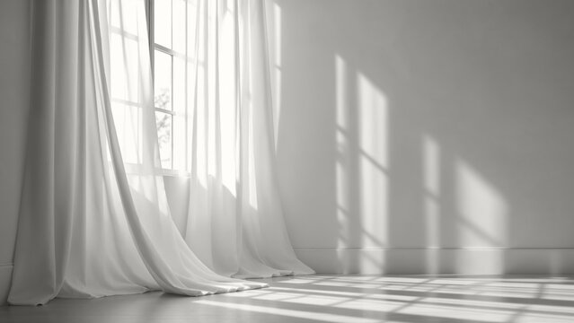 White sheer curtains blowing gently in front of a sunlit window with wall shadows. Modern trendy tone hue shade color of the year 2026