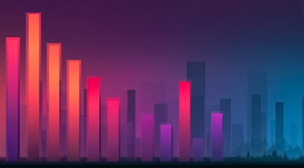 Colorful city skyline with tall buildings and a purple background. The bars are in different colors