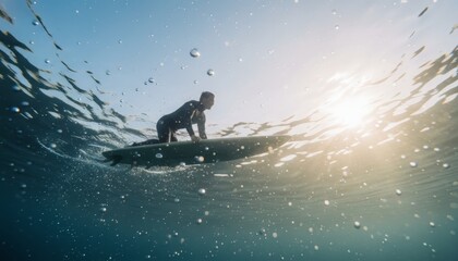 Surfer in a black wetsuit kneels on a surfboard, seen from an underwater perspective with bright sunlight filtering through the clear blue ocean water and creating many bubbles
