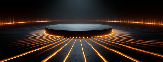 Dark background with a large, round, black object in the center. The object is surrounded by a series of orange lines