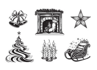 Merry Christmas. Happy New Year. Typography set. Vector logo, emblems Usable for banners, greeting cards, gifts etc.