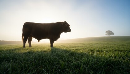 Powerful dark brown bull stands majestically in a dewy green meadow during a foggy sunrise, with warm backlighting creating a beautiful rim light effect on its silhouette