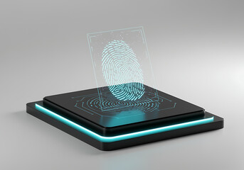 Holographic digital fingerprint scanner interface projecting biometric security authentication concept on a platform