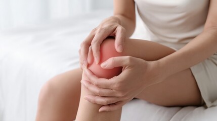 Person holds knee in pain while sitting, showing concern for joint health against a simple, clean backdrop