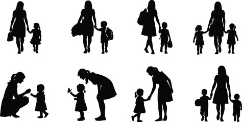 Parent and child silhouettes, walking together, nurturing moments, family bonding vector, caregiving clipart, black people icons