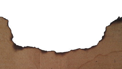 Burnt textured brown paper edge with charred distressed border isolated on transparent background