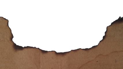 Burnt textured brown paper edge with charred distressed border isolated on transparent background