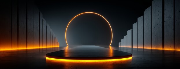 Large orange circle is in the middle of a long hallway. The hallway is dark and the circle is lit up