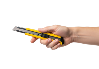 Craftsman holds a yellow utility knife, ready for sharp cuts and precise detail work, isolated on a transparent PNG background.