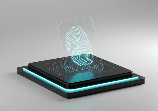 Holographic digital fingerprint scanner interface projecting biometric security authentication concept on a platform