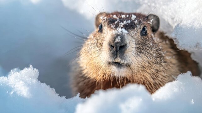 Groundhog emerging from snow with frost on whiskers, capturing serene winter mood and the essence of February traditions and predictions
