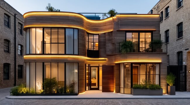 Large house with a lot of windows and a curved design. The house is lit up with lights, giving it a warm - Powered by Adobe