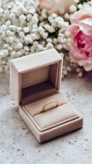 A beige velvet box displays a golden engagement ring, set among white flowers and blush tones for a romantic scene