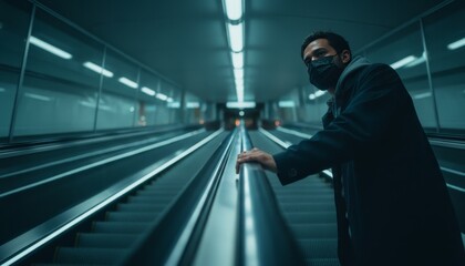 Man in a black face mask and coat looks back at the camera while riding a long escalator in a modern underground passage with cool, atmospheric fluorescent lighting