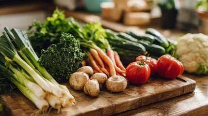 Vibrant raw organic vegetables are arranged on a wooden surface, perfect for a healthy plant-based meal this January