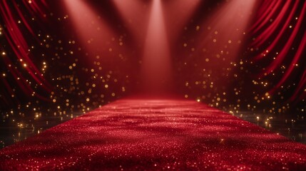 Red Carpet with Stage Spotlights and Golden Sparkling Bokeh