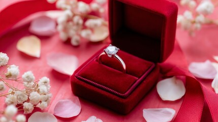 Diamond ring sits in a velvet box surrounded by pastel petals and a red ribbon for special moments on Valentine's Day