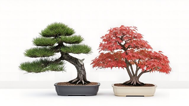 Two beautiful bonsai trees, one green and one red, isolated on white background