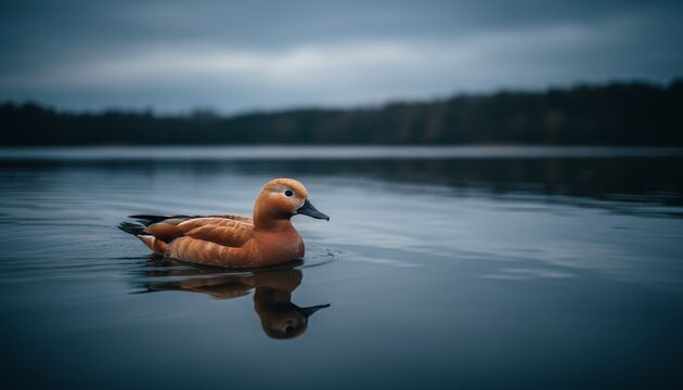 Beautiful orange Ruddy Shelduck duck swims peacefully on a calm, dark blue lake, its perfect reflection visible in the tranquil water on a moody, overcast day