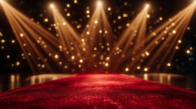 Red Carpet with Warm Stage Spotlights and Golden Bokeh Lights
