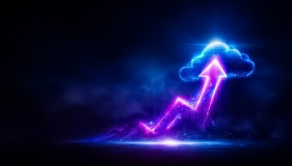 Purple cloud with a blue arrow pointing upwards. The image has a futuristic and mysterious mood