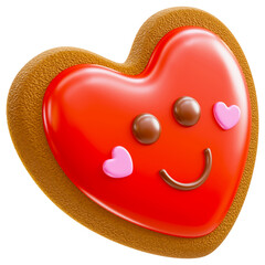 Cute heart shaped gingerbread cookie with smiling face. Romantic yummy sweet dessert for Valentines Day, wedding, birthday. Funny decorated icing cookie. Isolated On Transparent Background