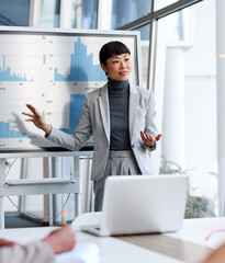 Group of young business people having a meeting or presentation and seminar with digital display whiteboard in the office. Portrait of a young businesswoman leader