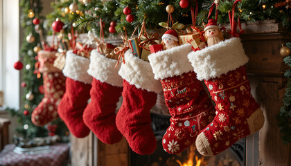 A beautiful arrangement of traditional red and white Christmas stockings filled with small gifts hangs from a decorated mantelpiece above a cozy fireplace glow.