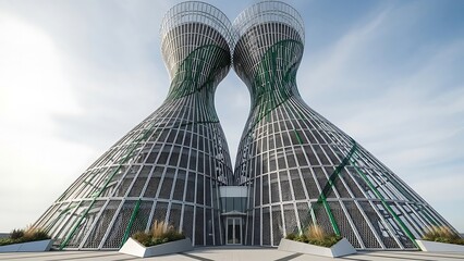 Stunning architectural marvel featuring a modern design and green accents, perfect for showcasing innovation, urban development, and futuristic concepts