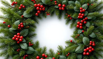 Fototapeta premium Beautifully detailed evergreen wreath frame adorned with vibrant red winter berries creates a festive holiday border perfect for seasonal greetings and announcements against a white background space