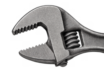 Adjustable metal wrench tool with open jaws for plumbing and mechanic work on transparent background