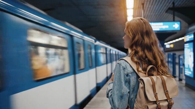 Young woman traveler backpack standing subway platform moving train urban commute transit system journey