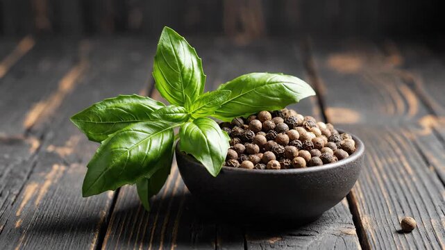 Fresh green basil and black peppercorn spice in a bowl on a dark rustic wooden table for cooking