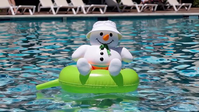 Inflatable snowman toy floats in a pool. This funny, happy snowman character relaxes on a float during a summer vacation. The toy is enjoying a sunny day at a resort pool. A concept of summer and vaca